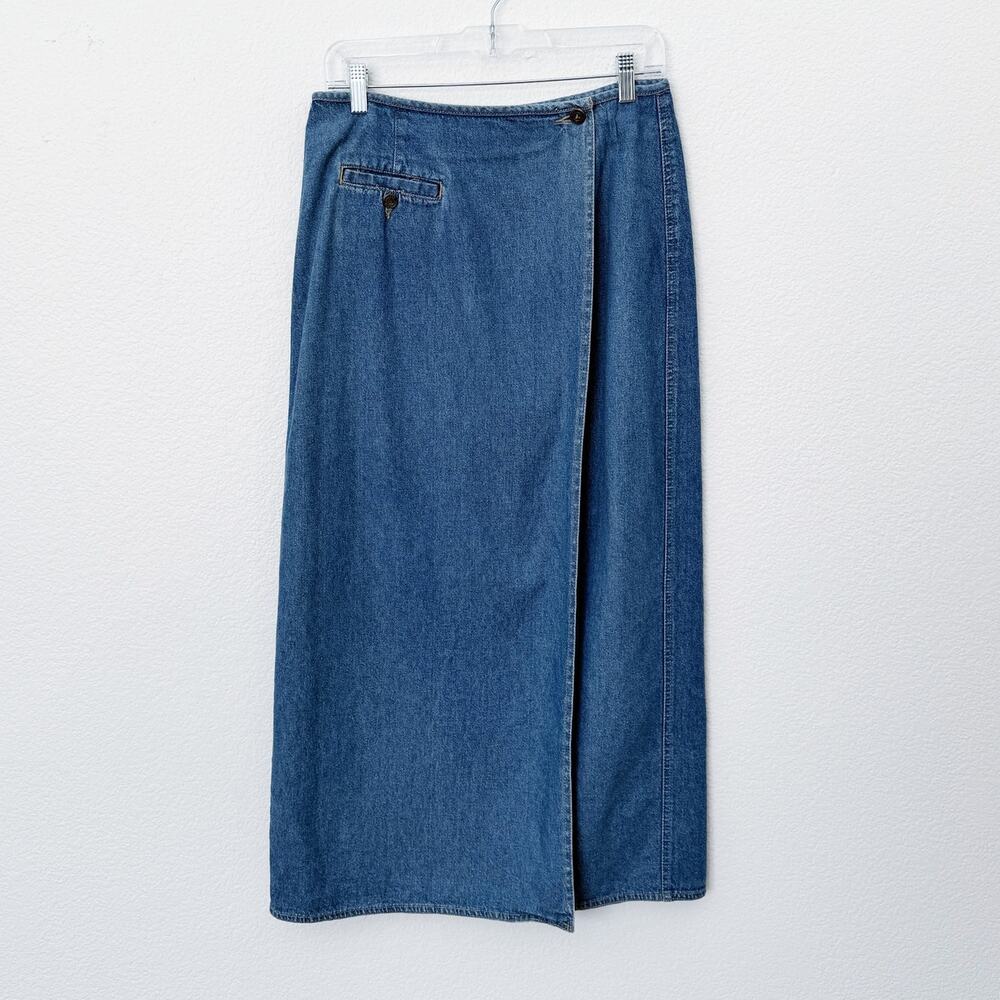 [Vintage] 90s Lizwear Medium Wash Denim Wrap Front Straight Midi Skirt Size 12